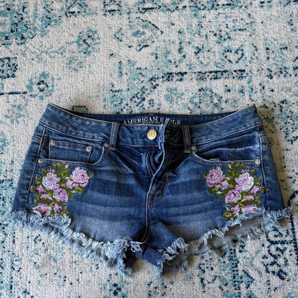 American Eagle Outfitters Dark Blue Denim Shorts with Pink Floral Embroidery
